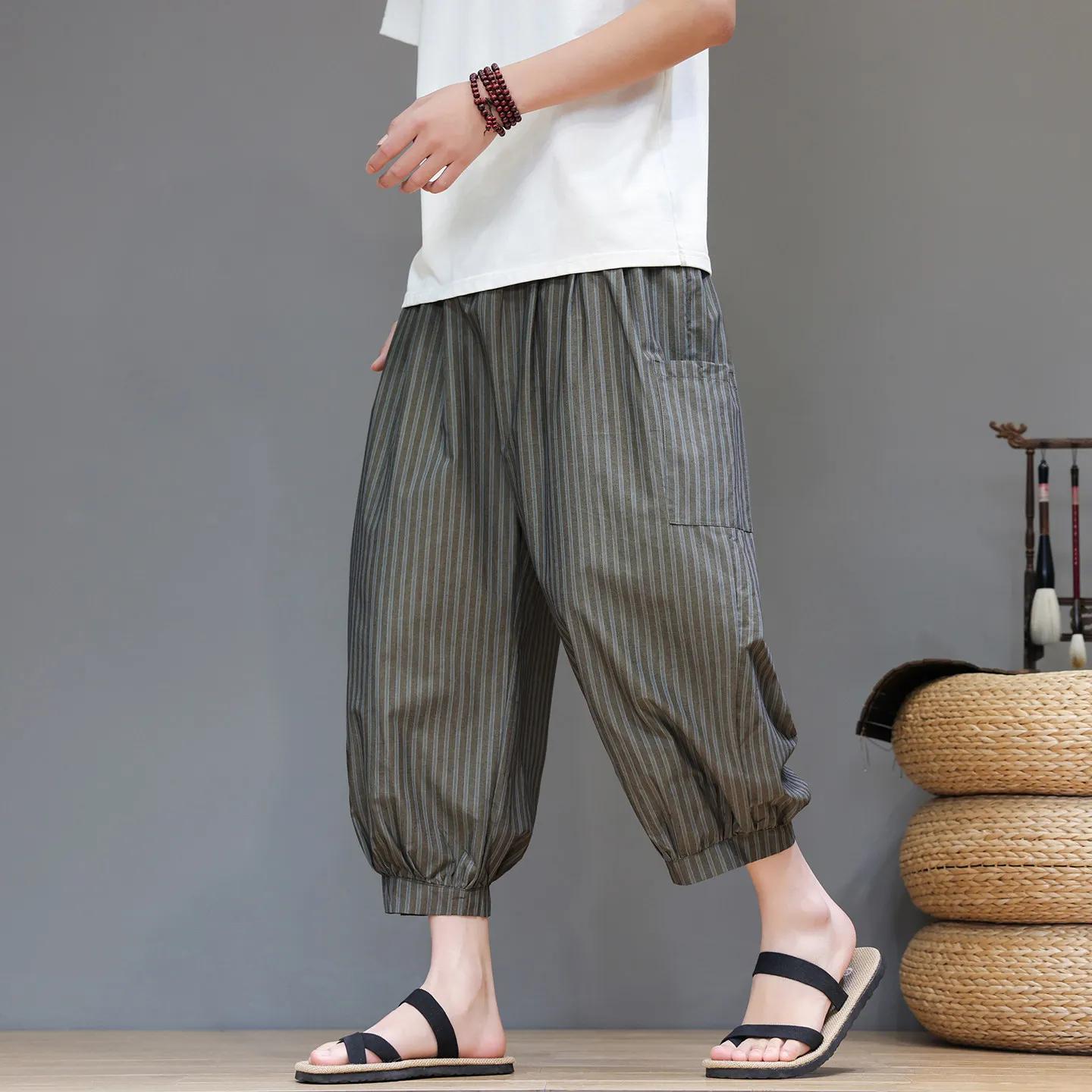 

Summer Men Cotton Chinese Style Calf Lenght Pants Men Breathable Lightweight Trousers Man Loose Daily Casual Striped Bottom M