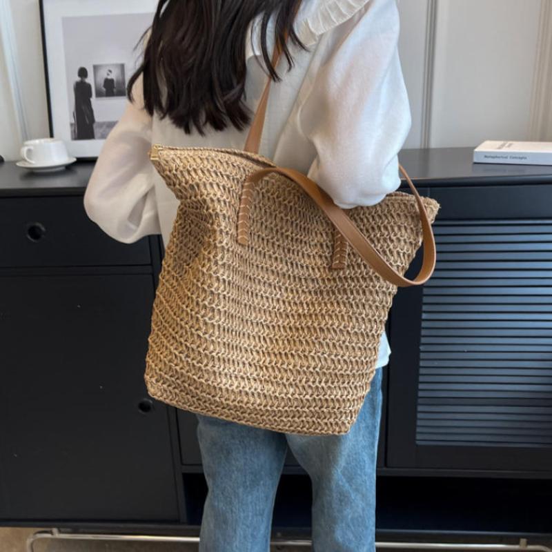 1Pcs Bohemian Summer Fashion Straw Beach Tote Bag Hand-Woven Women'S Shoulder Handbag Travel Shopper Weaving Shopping Bags