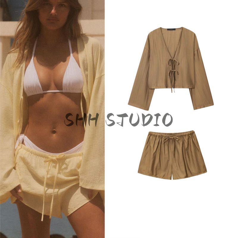 Casual Suit Women's Wrinkle Effect Kimono Coat 5427733 Wrinkle Effect Shorts 1255451