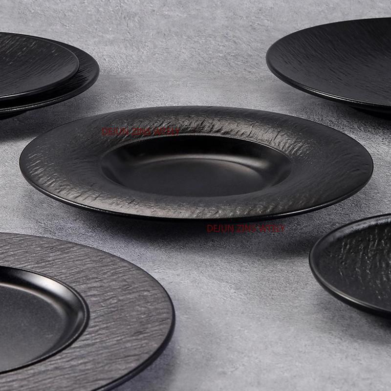 Black Textured Melamine Plates Food Grade Unbreakable Dinner Plates Heat Resistant Salad Dessert Plates Home Kitchen Tableware