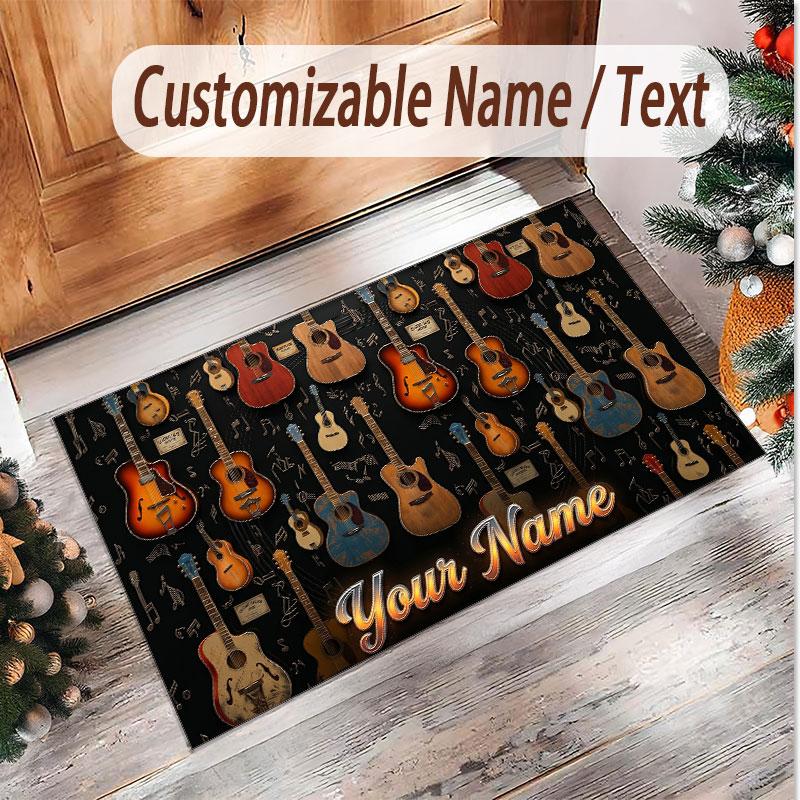 Music Guitar Theme Soft Crystal Velvet Rug Custom Name & Text Print Non Slip Floor Rug for Bedroom Living Room