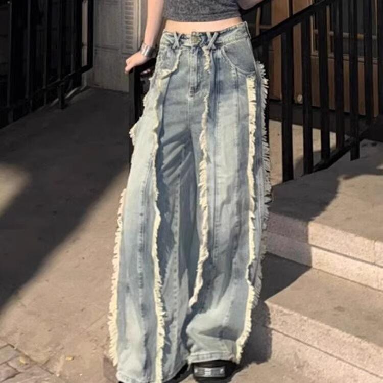 Unisex High-Street Retro Tassel Stitching Wide-Leg Jeans