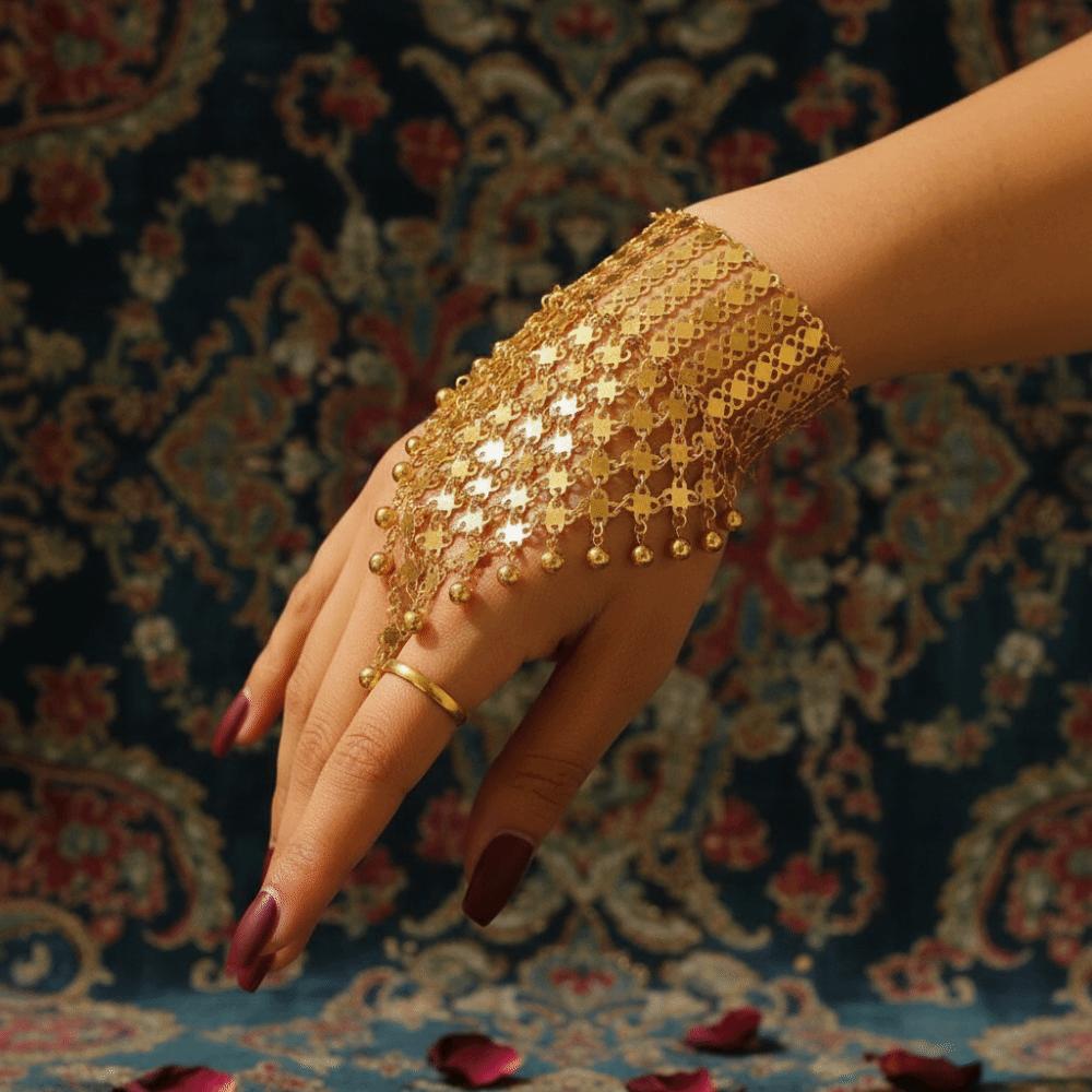 Exotic Ethnic Style Finger Bracelet Thai Hollow Geometric Bracelet Golden Tassels Bracelet  Wedding