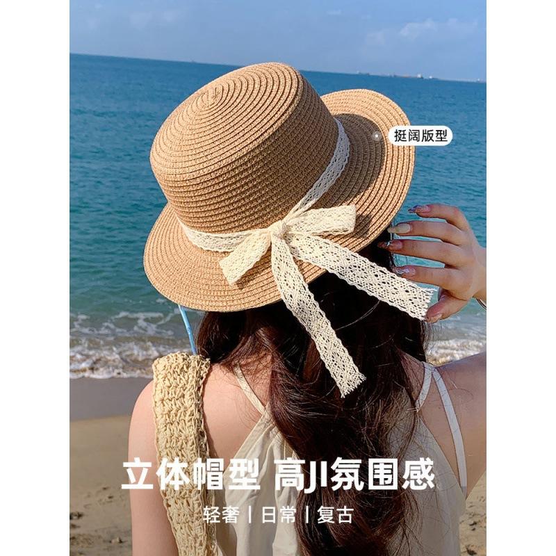 Flat Top Hat Female Internet Celebrity Crochet Top Hat Summer Big Brim Visor Hat Seaside Vacation Woven Bucket Hat