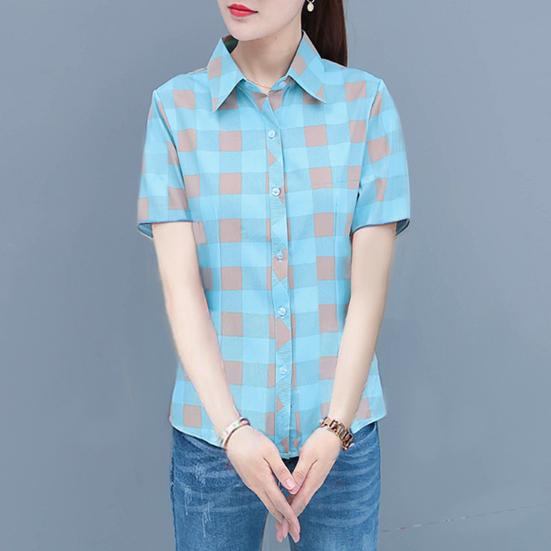 Women Shirt Flower Plaid Pattern Regular Style Shirt Buttons Placket Casual