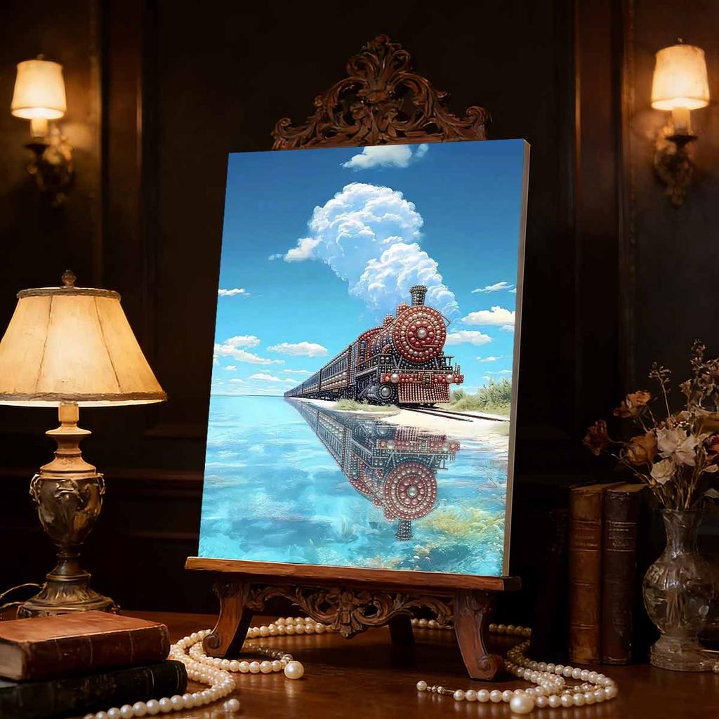 DIY Pearl Painting Set Train By The Lake Pattern Home Decoration Handmade Sticky Diamond Creative Canvas Pearl Art Painting Crafts Perfect Gift