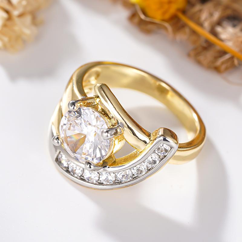 CAOSHI Brilliant Round Cut Cubic Zirconia Rings for Women Two Tone Geometric Design Finger Accessories for Wedding Party Jewelry