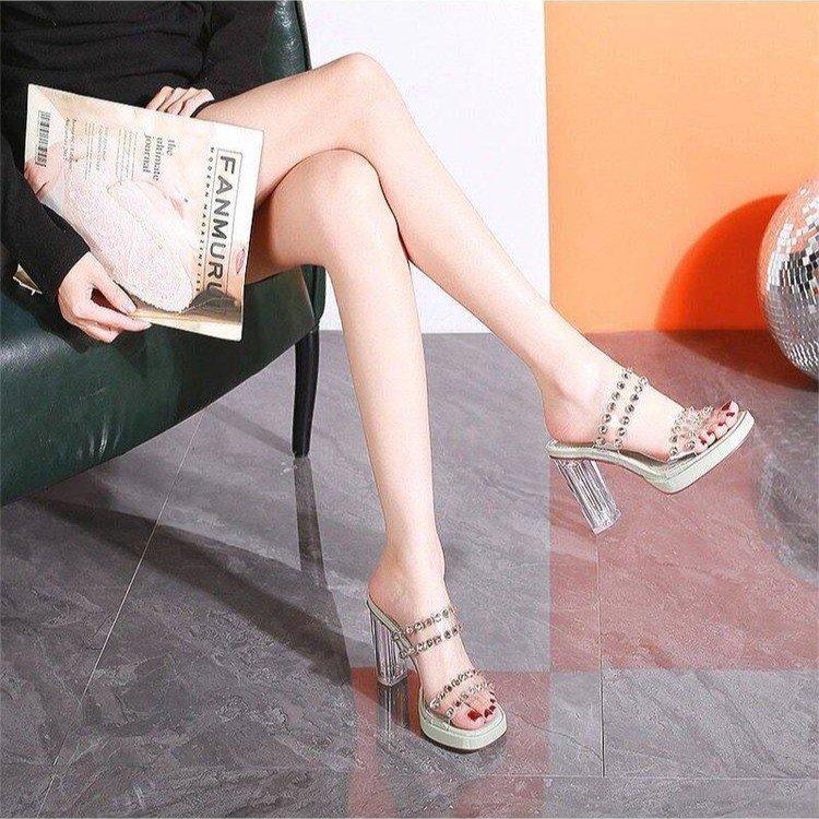 Fashion Glitter Slides Slippers Casual Square Toe Female Shoes Rubber Flip Flops Women Heels Jelly Luxury 2025 Hawaiian Summer High Scan