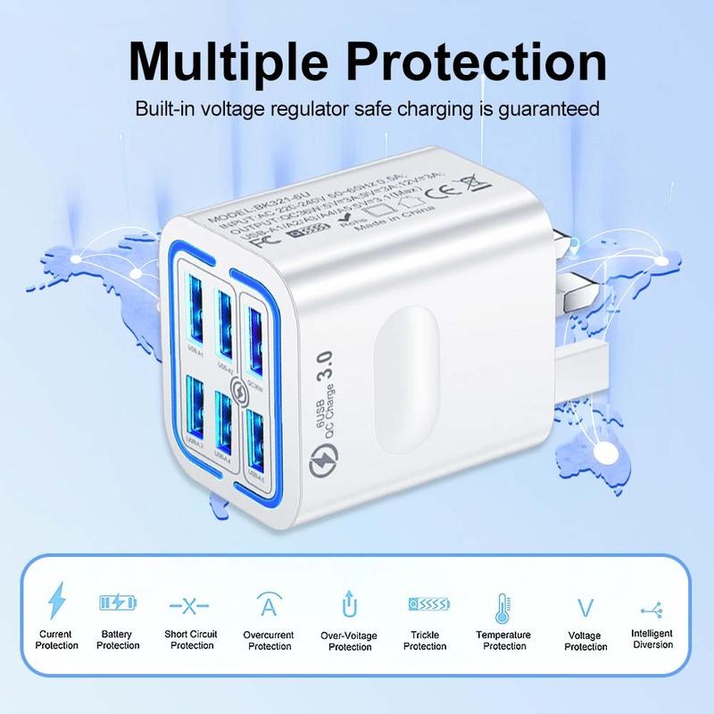 6-Port USB Charger Mobile Phone Fast Charging Wall Adapter for iPhone Xiaomi Samsung Huawei US/UK Plug