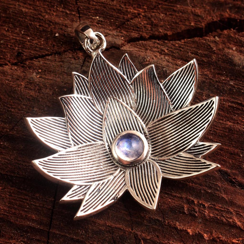 Larimar Moonstone Lotosový přívěsek Solid 925 Sterling Silver Jemné šperky Dámský přívěsek