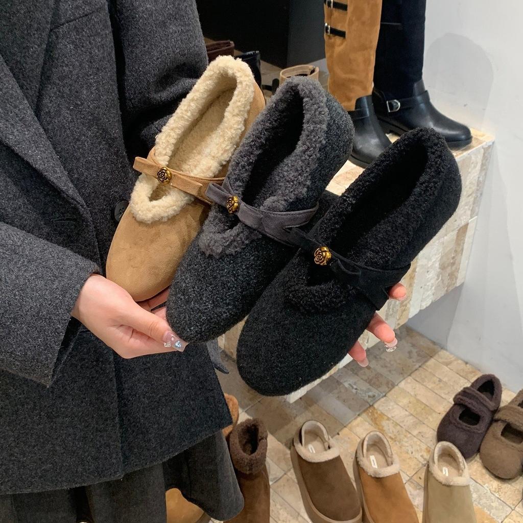 Xiaoxiangfeng bow fluffy shoes velvet single shoes with skirt temperament Mary Jane cotton shoes