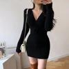 Mode V-Ausschnitt Kordelzug Gestrickt Damen Kurzes Kleid Koreanischer Stil Langarm Bodycon Partykleider Frühling Herbst Hüftumspielend Lässige Elegante Kleidung