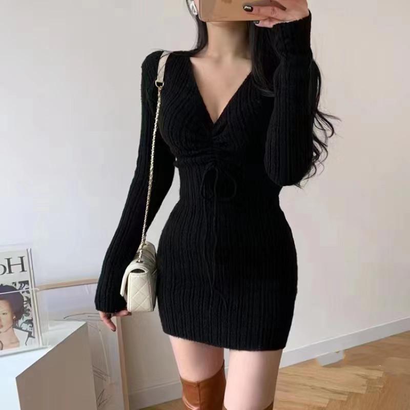 Fashion V-neck Drawstring Knitted Women Short Dress Korean Style Long Sleeve Bodycon Party Dresses Spring Autumn Hip-wrapped Casual Elegant Clothing
