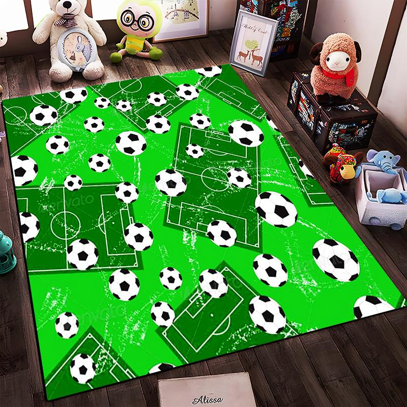 Green Soccer Field Carpet with Footballs and Sports Game Design Pattern Suitable for use as an anti-slip for living room bedroom sofas