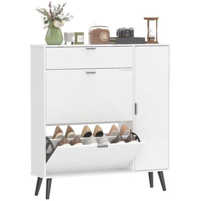 Narrow Shoe Cabinet, 2 Drop-Down Compartments, Lychee Leather Doors, Adjustable Shelves, White