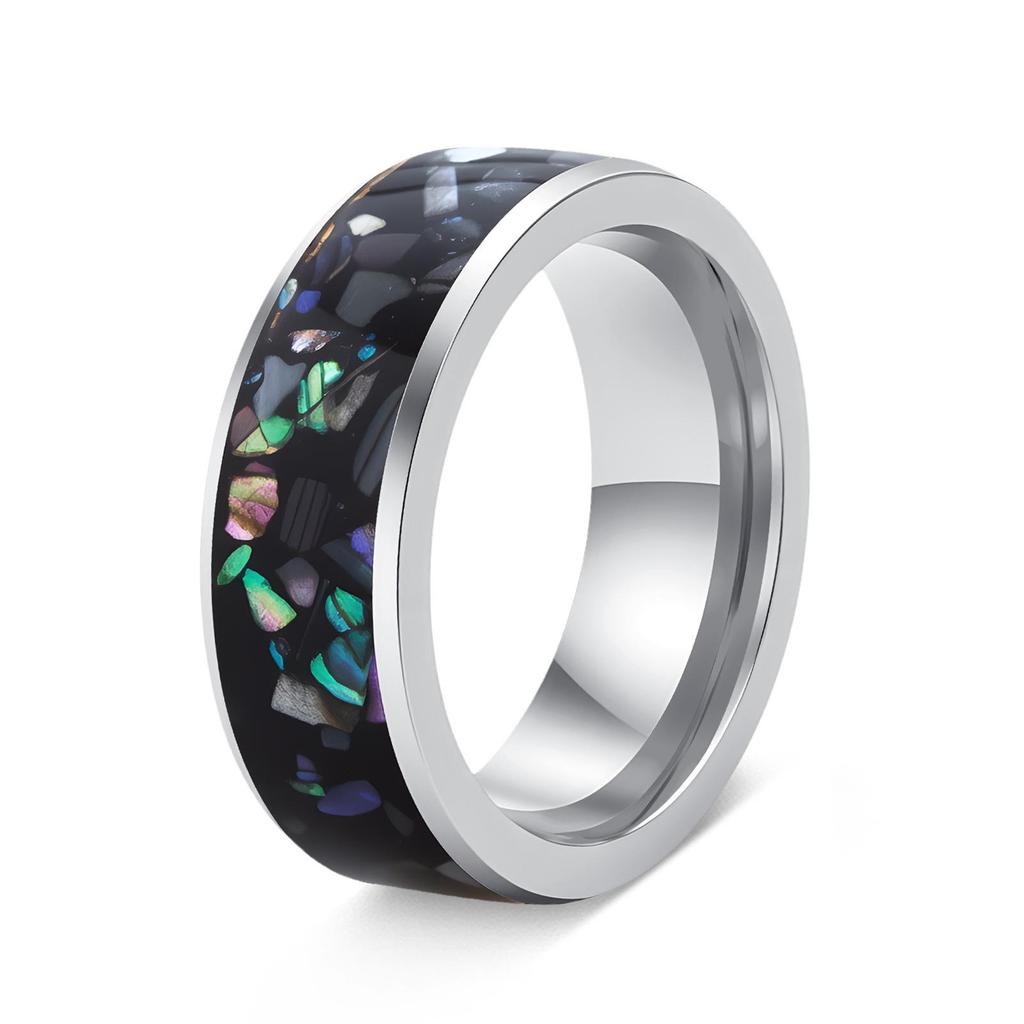 Men's 8mm Titanium Steel Ring with Faux Abalone Shell Inlay - Wedding Band