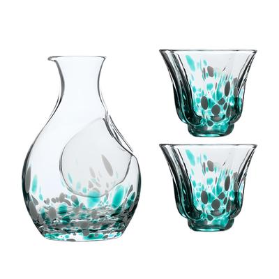 OULOVECO Sake Set, Crystal Glass Sake Bottle (1) + Sake Cups (2), Colorful Design, Keeps Sake Cold, Japanese Sake Glass Set, Gift Item (Blue)