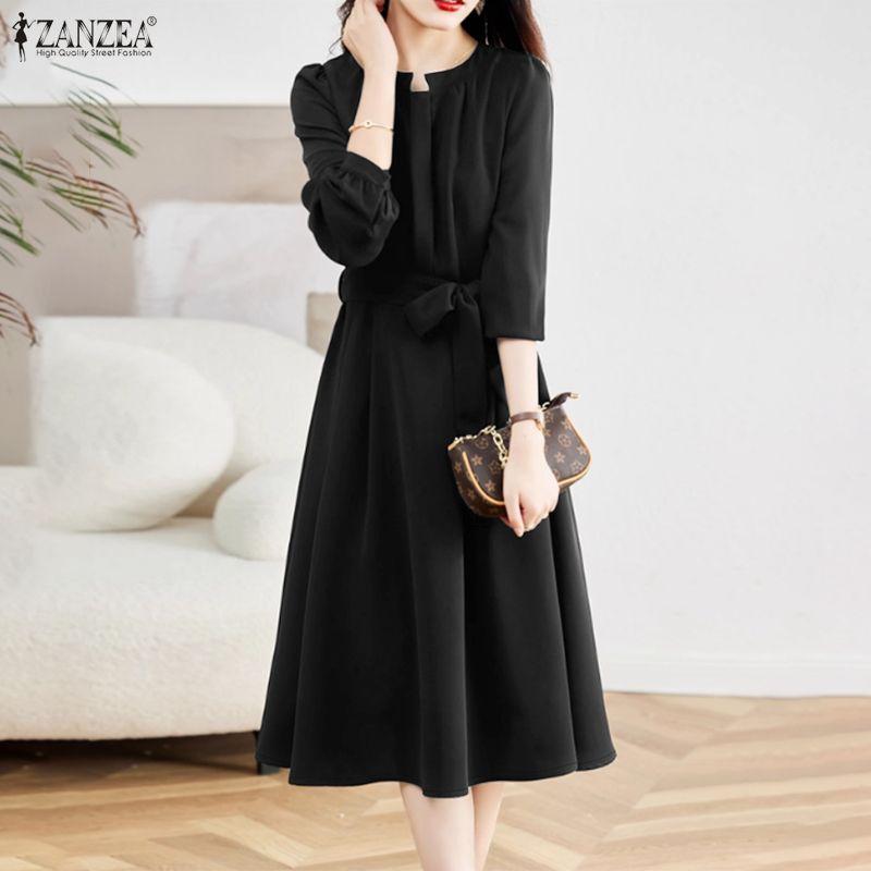 ZANZEA Damen Freizeitkleid mit Rundhalsausschnitt und langen Ärmeln, locker