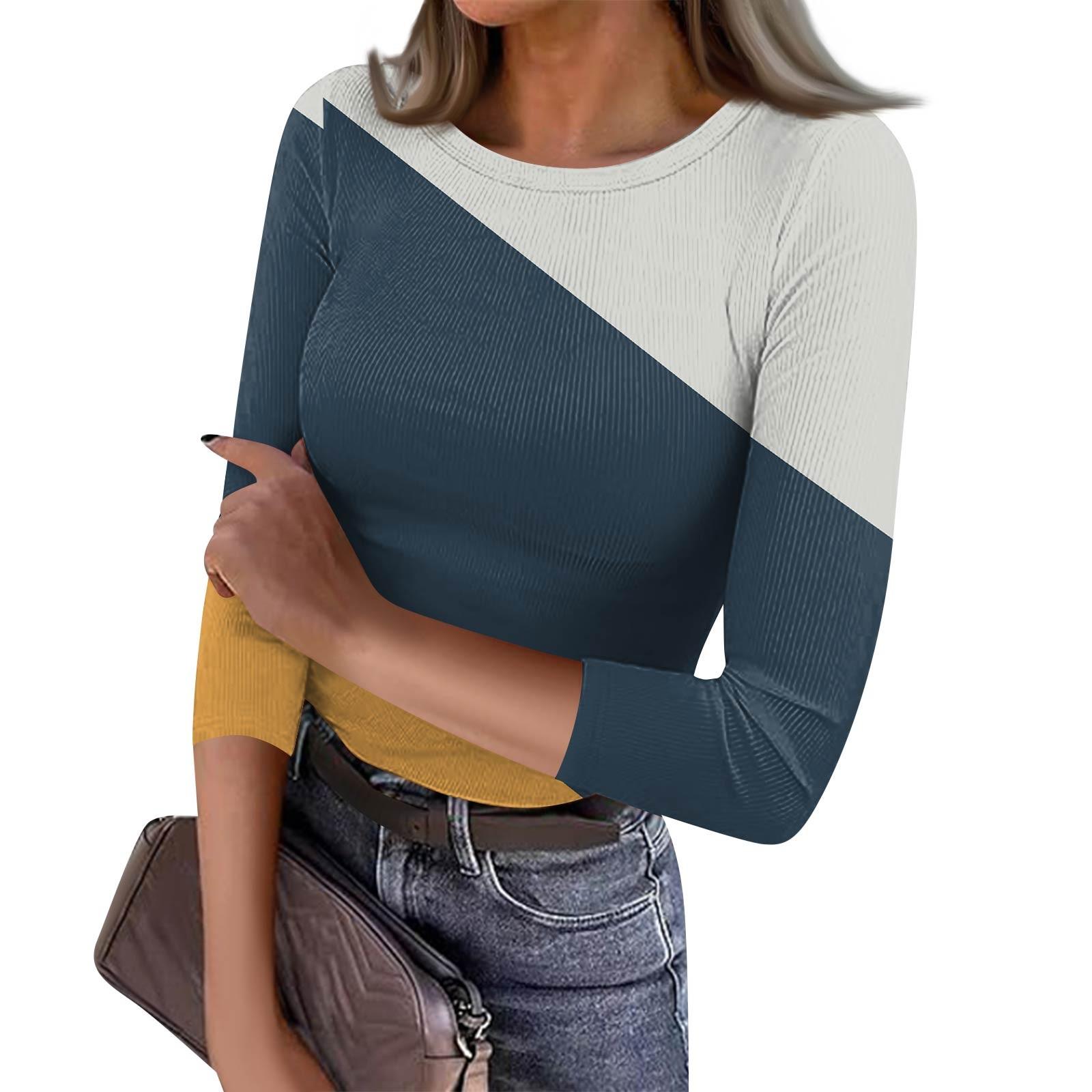 

Women s Slim Bottom T-shirt Fashion Casual Stripe Printed Round Neck Pullover Seven Sleeve Top XL Темно-синій
