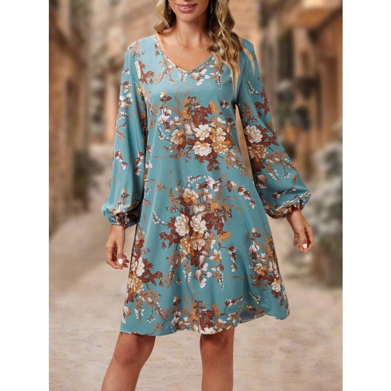 

Женское винтажное модное платье с элегантным цветочным принтом и рукавами-фонариками XL озеро синий
