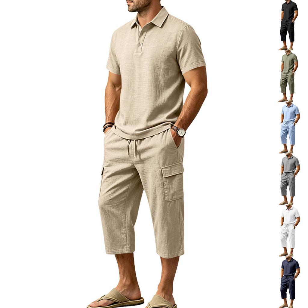 Men's Linen Short Sleeve and Cargo Shorts Set, Relaxed Fit Summer Vacation Outfit for Beach and Daily Wear