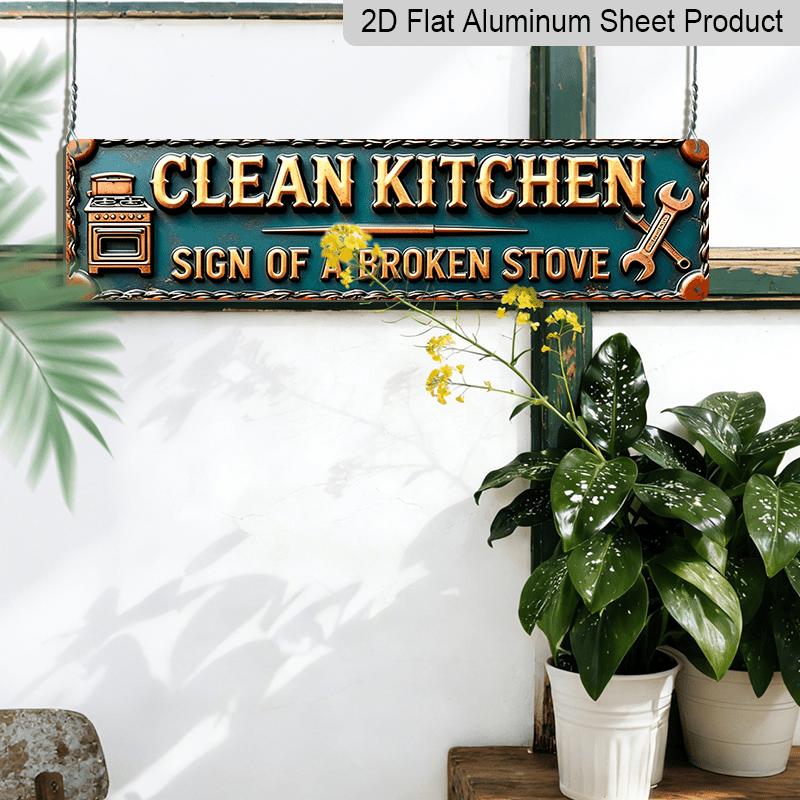 2D Flat, 1pc Funny Vintage Stove-Themed "Clean Kitchen Sign of a Broken Stove" Metal Plaque - 15.7×3.94inch Retro Teal & Golden Outdoor/ Aluminum