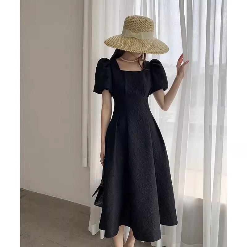 French First Love White Pendulum Long Skirt Summer New Square Collar Thin Temperament Jacquard Collar Certificate Dress Women