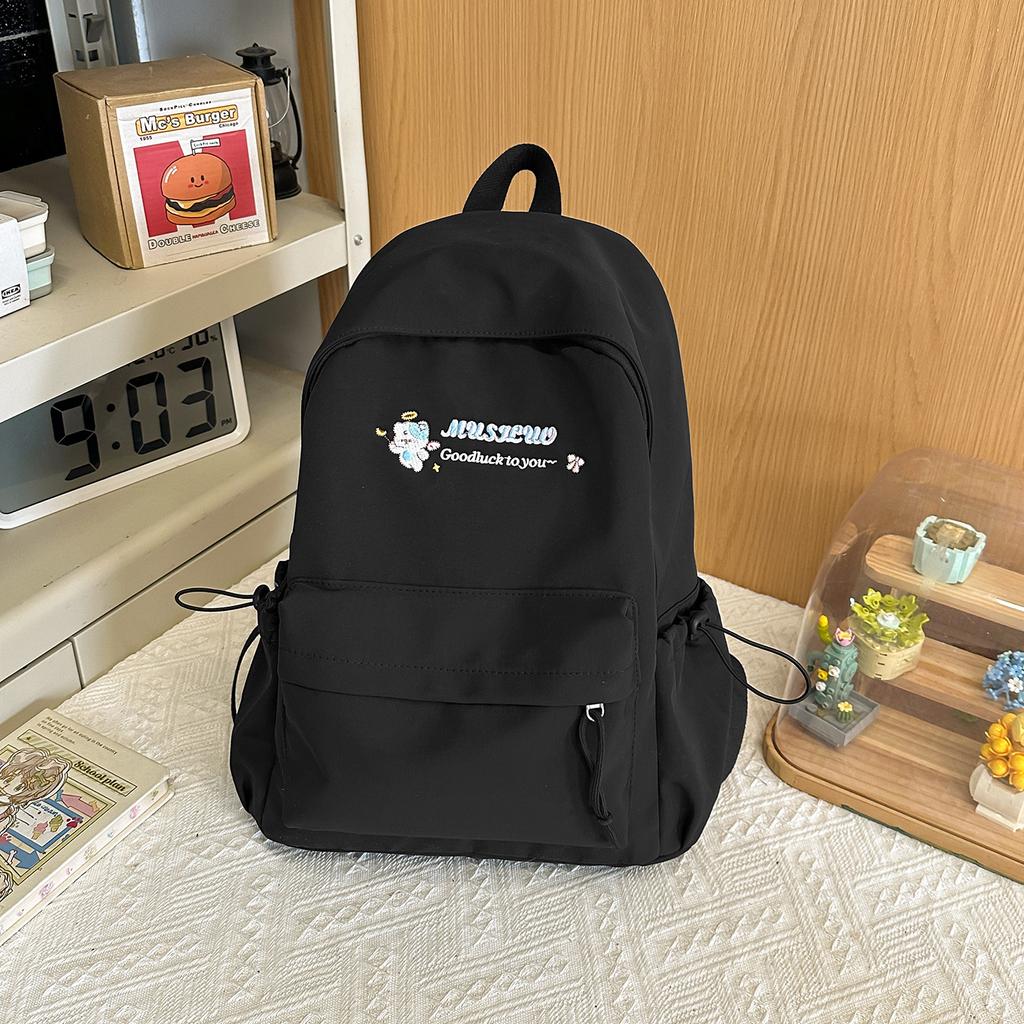 Schoolbag Solid Color Student Backpack English Cartoon Embroidery High Value School Bag Female Class Travel Commuting Versatile Backpack