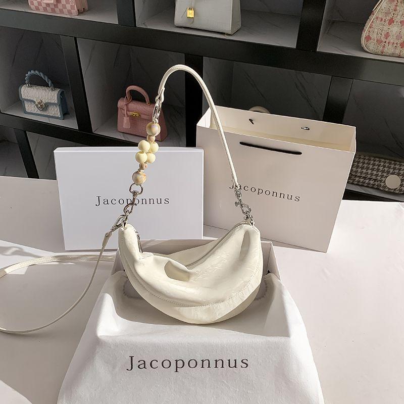

New Chinese Soft Leather White Beaded Shoulder Crossbody Waist Bag Ice beige(Ordinary packing)