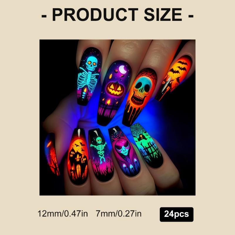 Beautiful Halloween Press-On Nail Set of 24 - Skeleton, Pumpkin, and Bat Designs Perfect for Festive Nail Art Enthusias