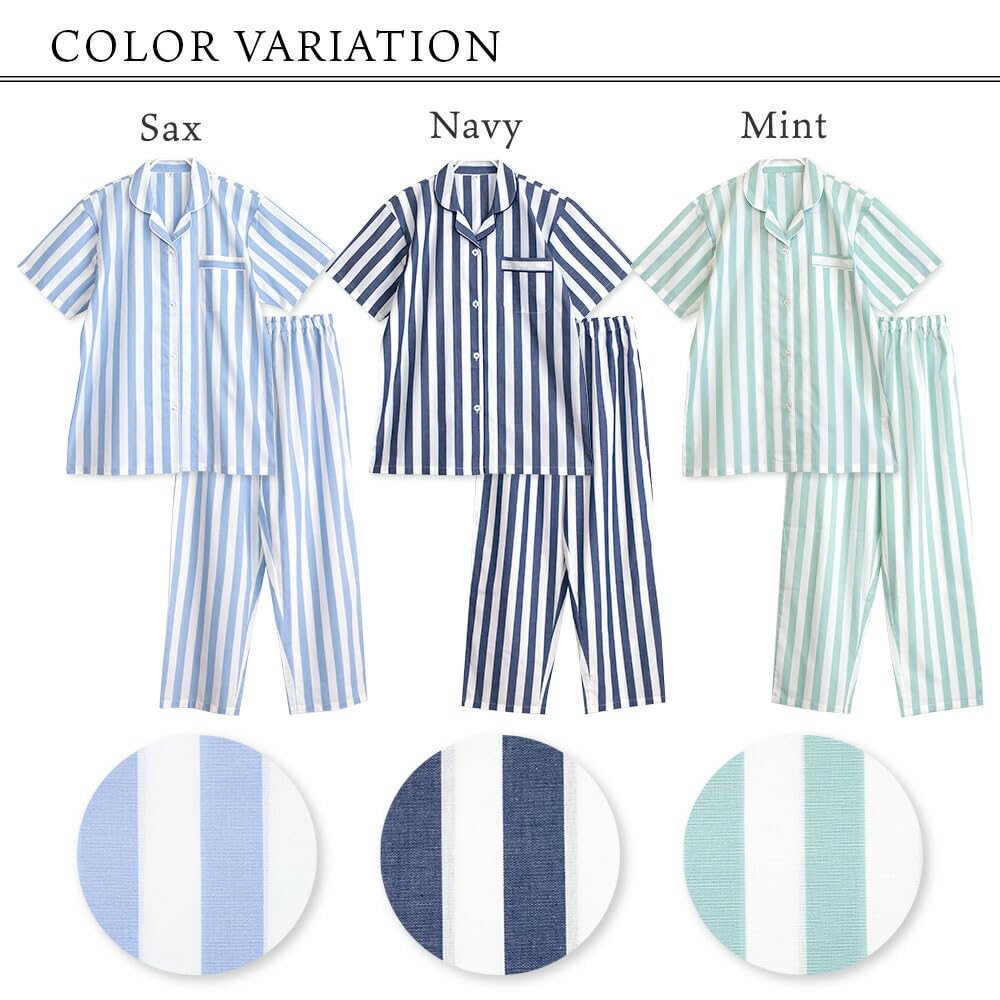 Cotton Pajama Soft and Short Size Summer Women's 100% Set, Comfortable, Sleeve, Striped, Breathable, Navy, M,