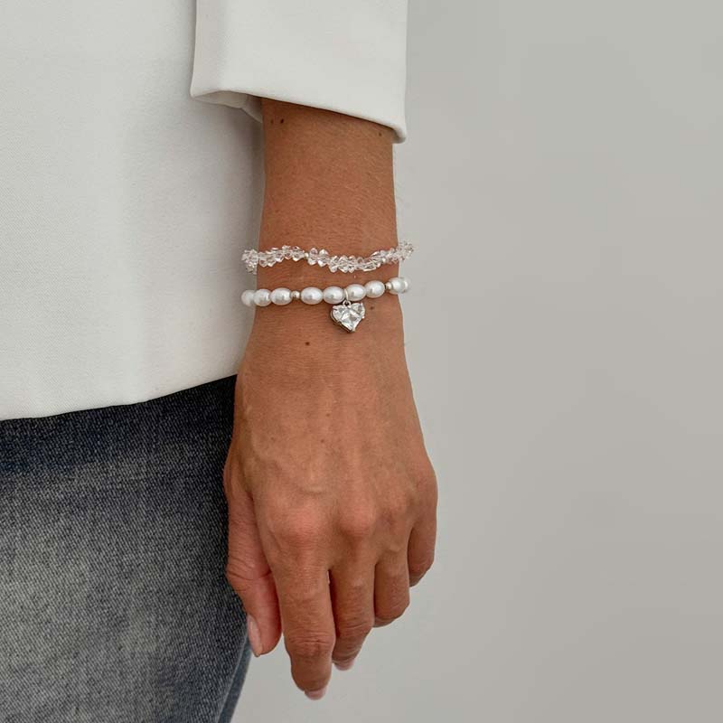 2Pcs/Set Elegant Pink Crystal Heart Bracelets for Women Vintage Imitation Pearl Double-Layer Bracelet Y2K Charm Jewelry Gift