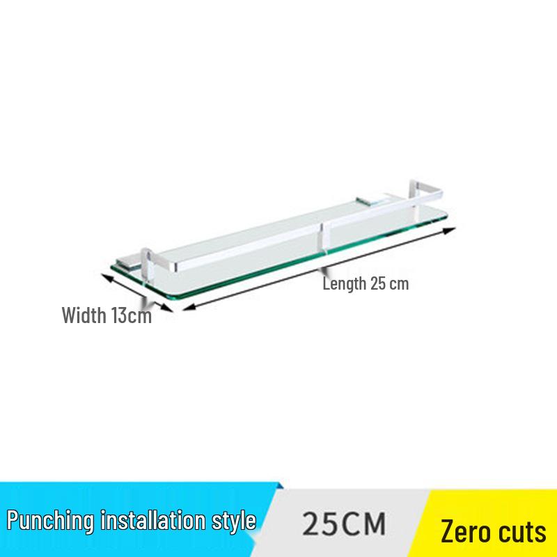 Single-Layer No-Drill Square Aluminum Glass Bathroom Shelf