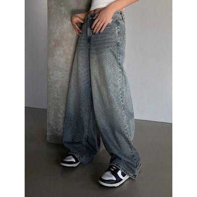 High Street Retro Jeans Washed Old Straight Loose Wide Legs Simple Casual Pants