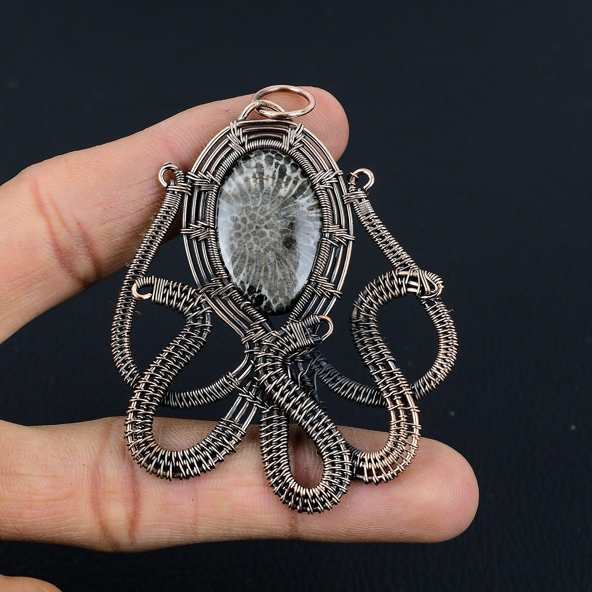

Stingray Coral Pendant, 999 Copper Wire Wrapped Gemstone Jewelry, Handmade Pendant, For Mother Day 2.55 Inches