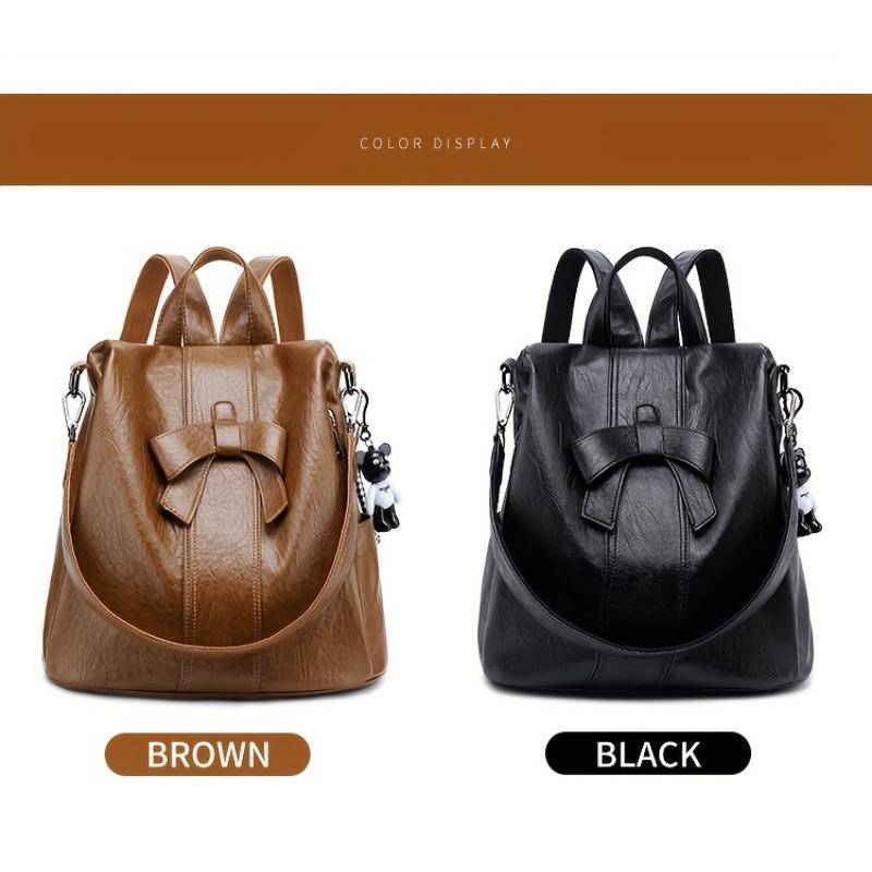 Classic Retro Bowknot Decor Backpack, Solid Color Textured Storage Rucksack, All-Match Pu Leather Storage Daily Daypack For Work
