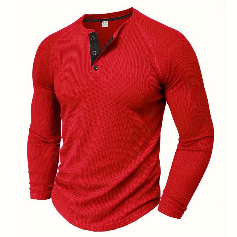 

Мужская свободная однотонная рубашка Henley с круглым вырезом и длинным рукавом на полпуговицы для активного отдыха на свежем воздухе весной и осенью S красный