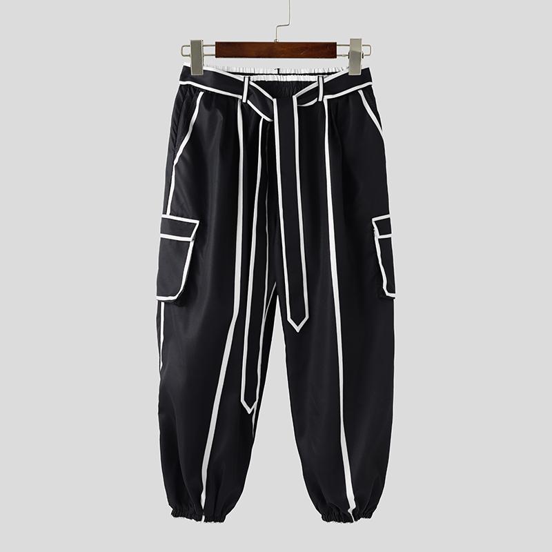 INCERUN Men Elastic Waist Hit Color Belt Casual Thin Harem Pants with Pockets