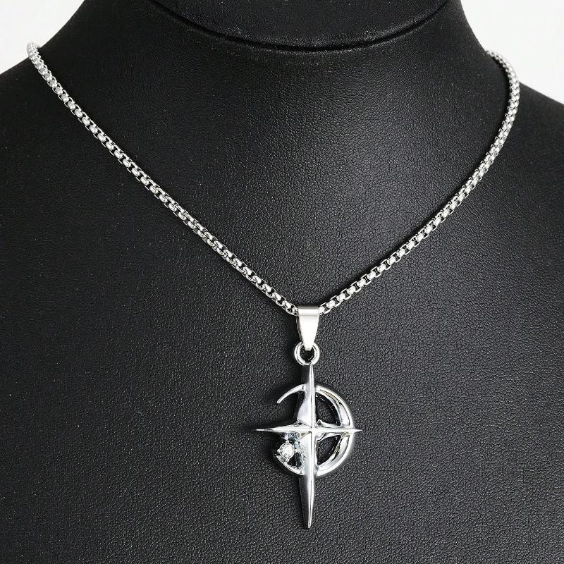 1pc European & American Fashion Halloween Crescent Moon & Star Pendant Necklace, Stainless Steel Bead Chain for Men & Women