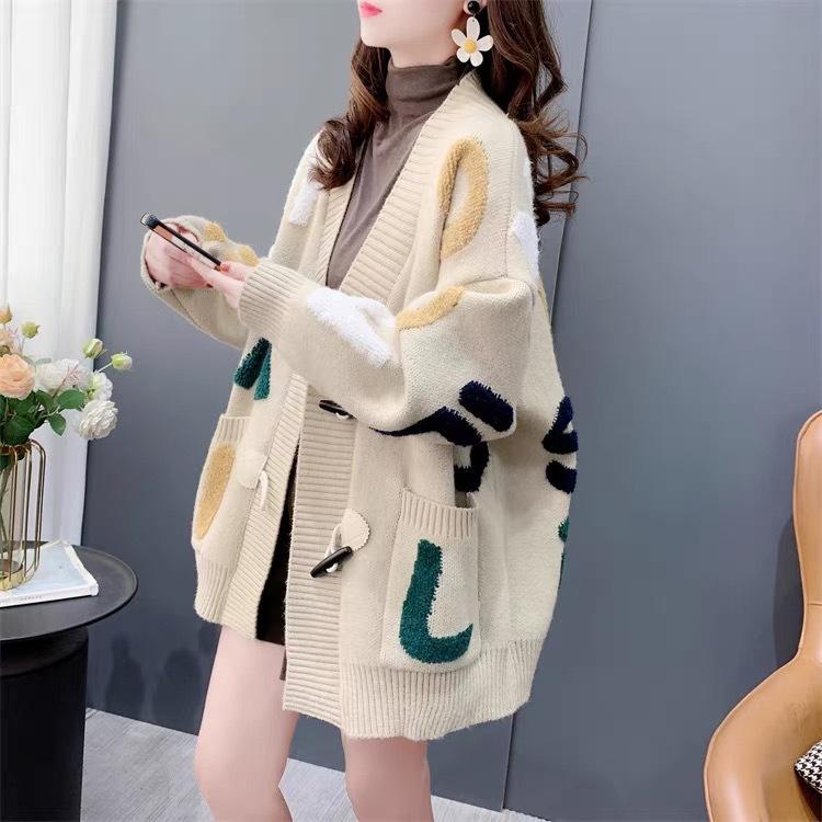 Autumn and Winter Loose Lazy Style Foreign Style Knitted Cardigan Contrasting Color Casual Towel Embroidered Letter Horn Button Sweater Jacket Women