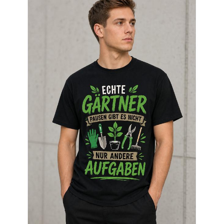 Men's black short-sleeve crewneck t-shirt with German gardening graphic, relaxed fit cotton blend tee for outdoor hobbyists