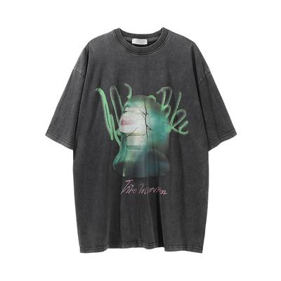 Character Printed Short Sleeved T-shirt for Men's Hip-hop Trend Half Sleeved Street Fashion Label Loose Round Neck Five Quarter Sleeve