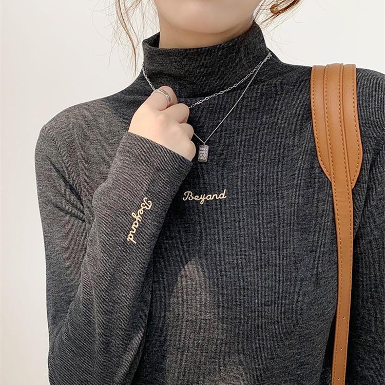 German Velvet Warm Long-sleeved Inner Top, Autumn and Winter Slim-fitting Versatile Embroidered Semi-turtleneck T-shirt Bottoming Shirt