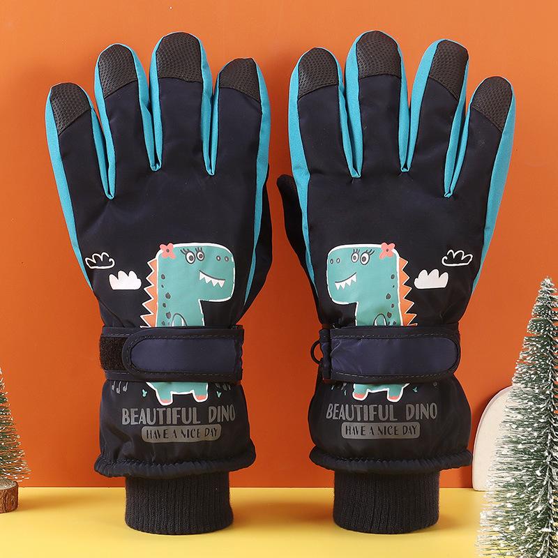 Mănuși de schi de iarnă pentru copii pentru căldură, catifea îngroșată, mănuși cu dinozaur mic, sporturi în aer liber, desen animat, degete, mănuși impermeabile