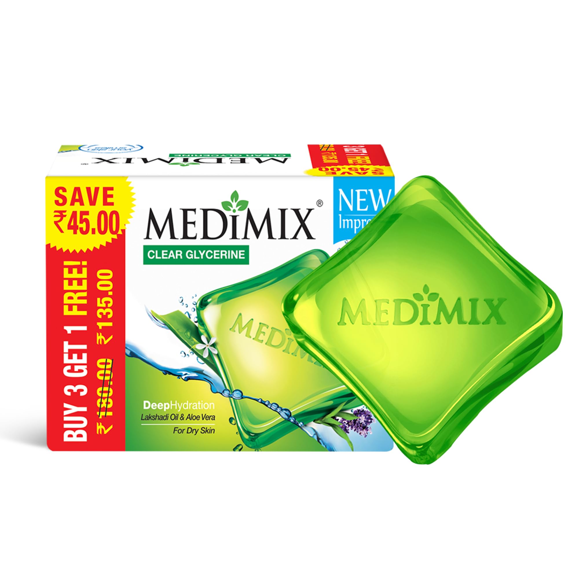 Medimix Clear Glycerine Bathing Bar Soap for Dry Skin 100g (3 + 1 Combo Pack) | Infused with Lakshadi Oil & Aloe Vera | Effective for Dry Skin