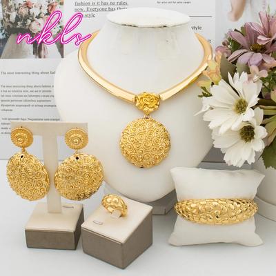 Dubai Goldfarbenes Schmuckset für Frauen, indischer Ohrring und Halskette, Nigeria, marokkanisches Brautaccessoire, Hochzeitsarmband, Party
