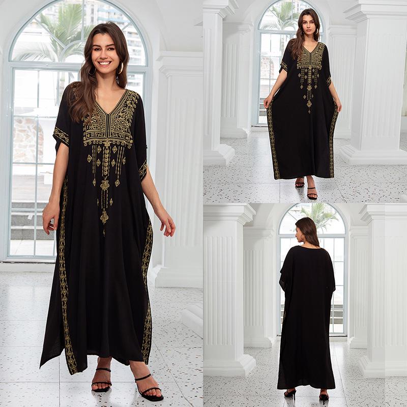 "European & American Embroidered Cotton Maxi Skirt: Women's Beach Sun Protection Robe"