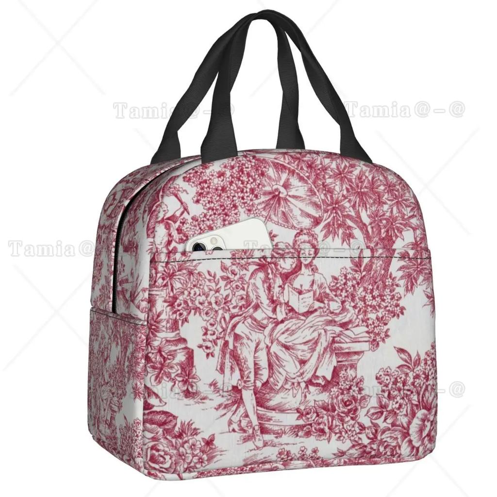 French Toile De Jouy Navy Blue Motif Pattern Thermal Insulated Lunch Bag Lunch Container for Outdoor Picnic Storage Food Box
