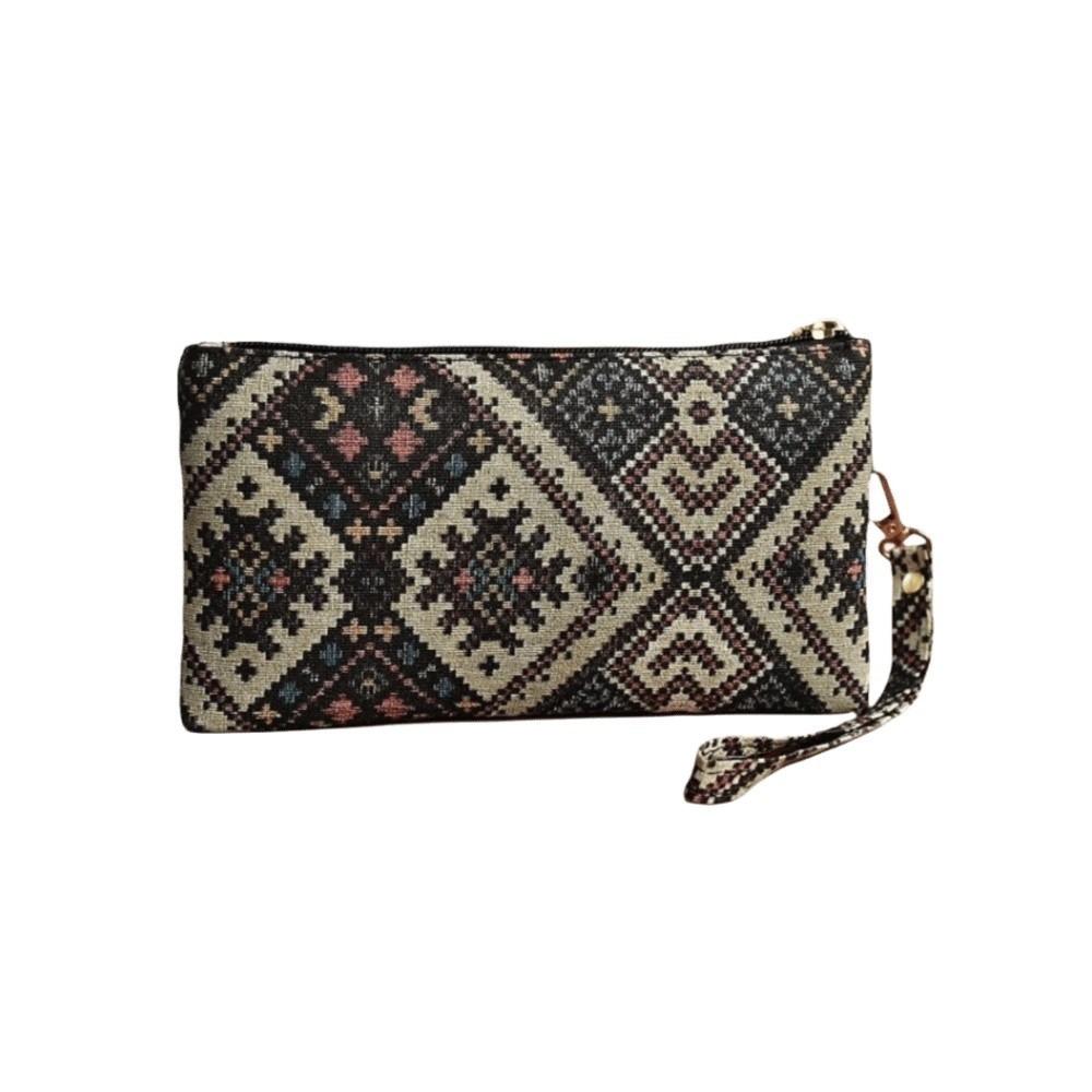 Retro Ethnic Style Clutch Purse Double Zipper Wristlet Wallet Long Wallet Cell Phone Storage