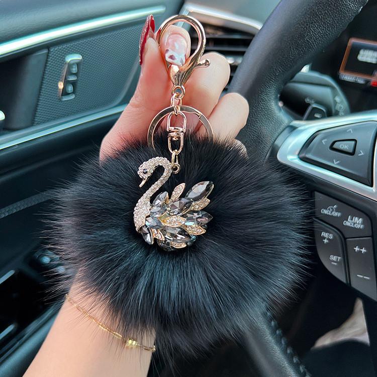 Crystal Swan Creative Fox Fur Car Keychain Exquisite Chic Keyring Bag Pendant